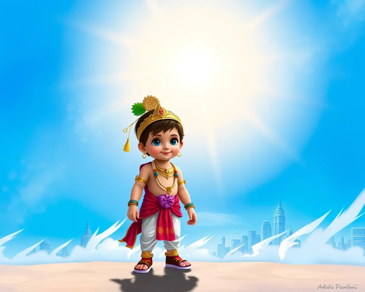 Little Krishna in Front of Bright Blue Sky Cityscape