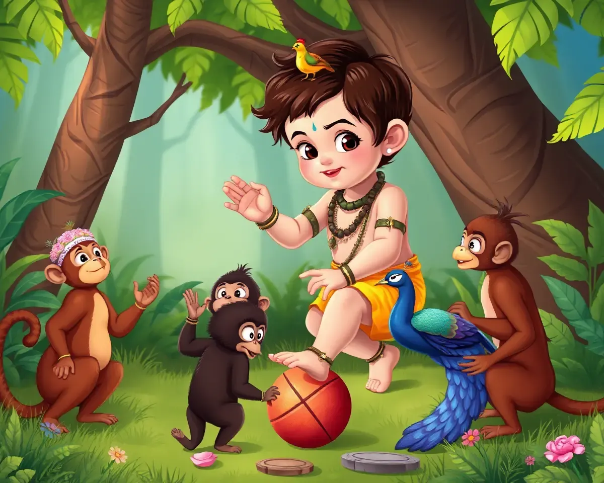 Lord Krishna Playing with Ball in a Lush Jungle Setting