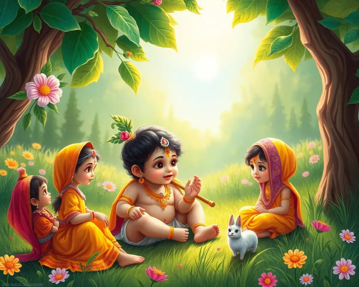 Lord Krishna Playing with Friends in a Lush Green Meadow