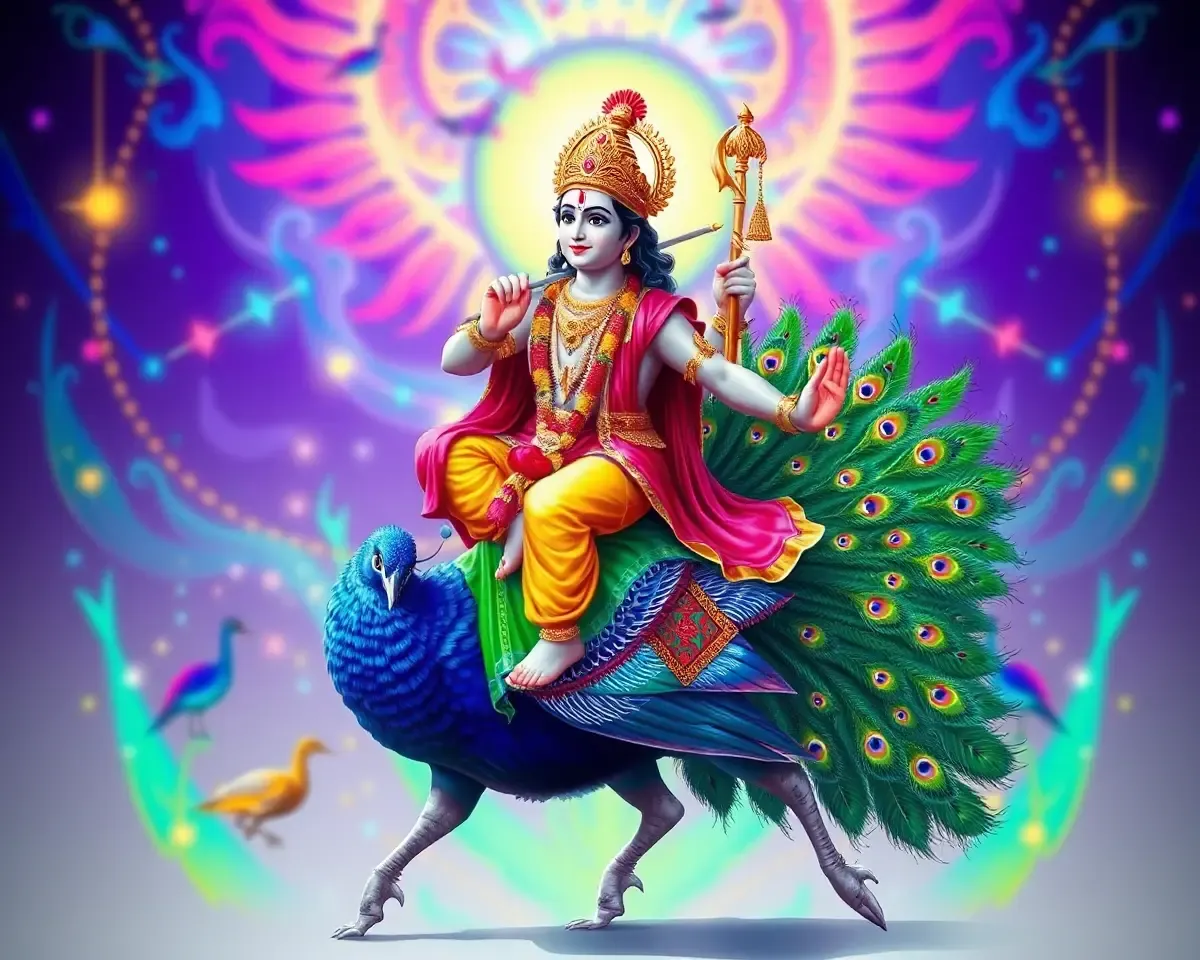 Lord Krishna Riding Peacock with Vibrant Background