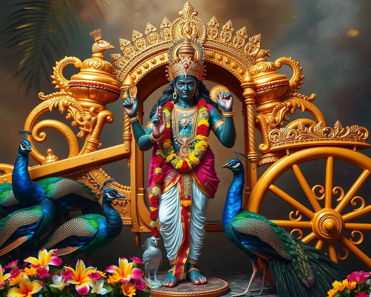 Lord Murugan in Golden Chariot with Peacocks and Flowers