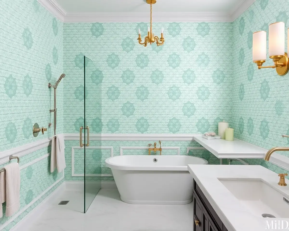 Luxurious Bathroom with Geometric Mint Green Wallpaper