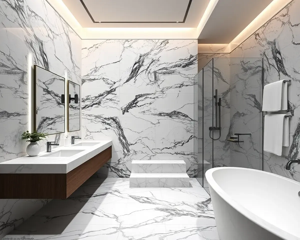 Luxurious Bathroom with Statuario Marble Floor Texture