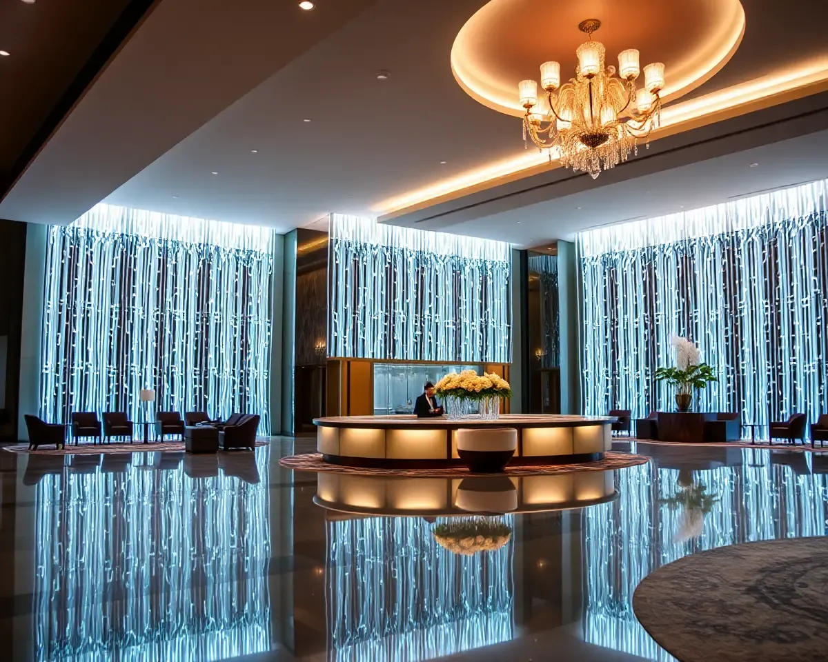 Luxurious Hotel Lobby with LED Light Installation Background