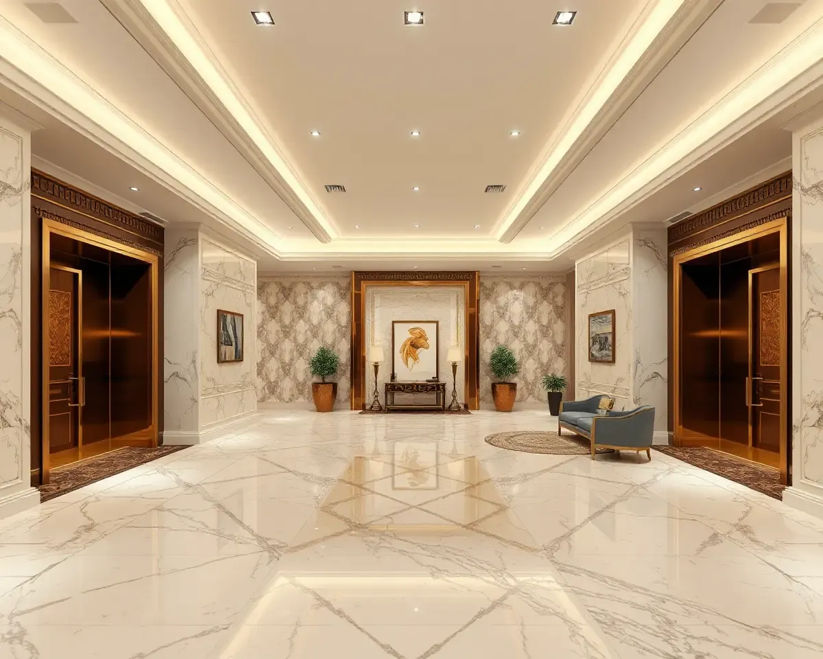Luxurious Hotel Lobby with Statuario Marble Floor Texture