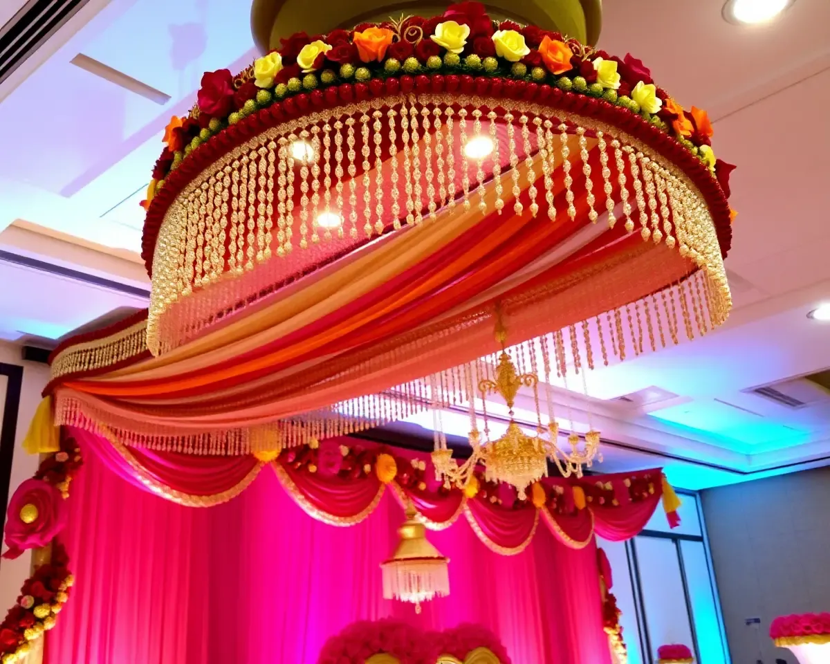 Luxurious Mandap Decoration Banner with Beaded Design and Jewel-Toned Colors