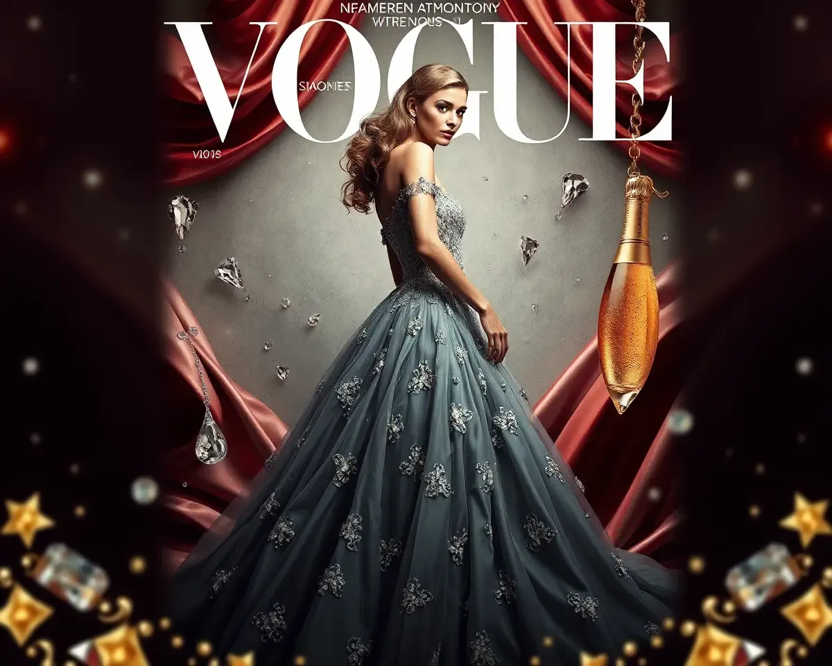 Luxurious Vogue Poster: Model in Haute Couture Gown with Opulence