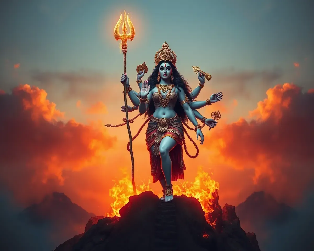 Maa Durga Piercing Sky with Trishul on Mountain Peak
