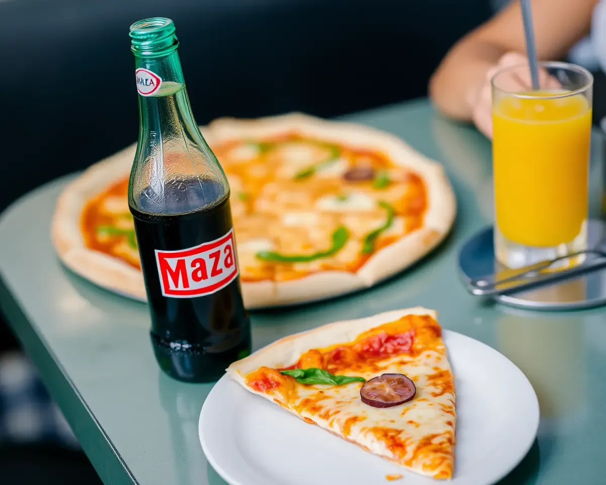 Maaza Bottle with Pizza and Juice Nearby