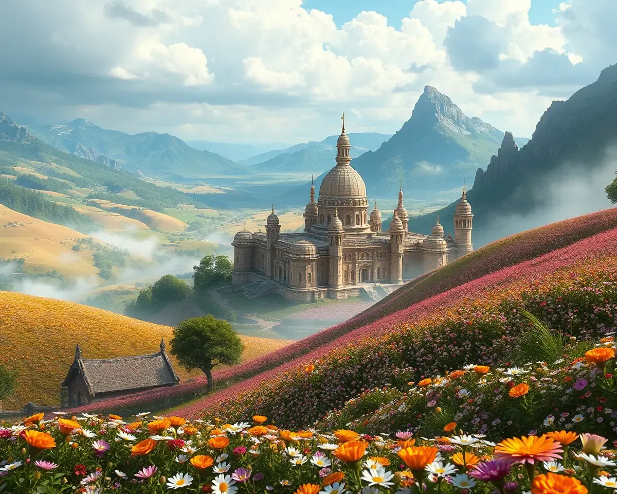 Magical Kingdom with Poo Malai Flowers Fantasy Landscape