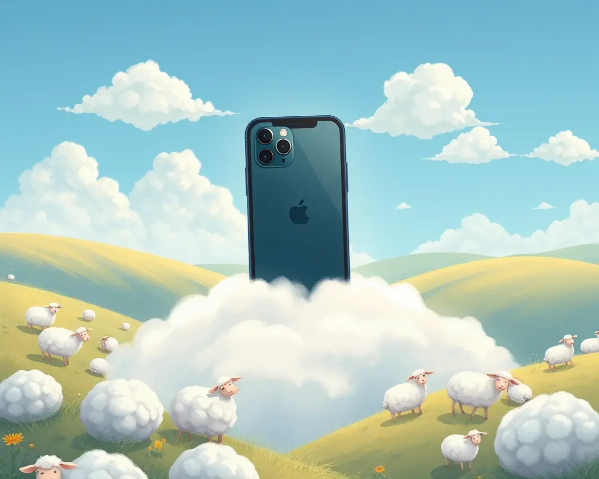 Magical Landscape with iPhone 13 Pro and Fluffy Sheep