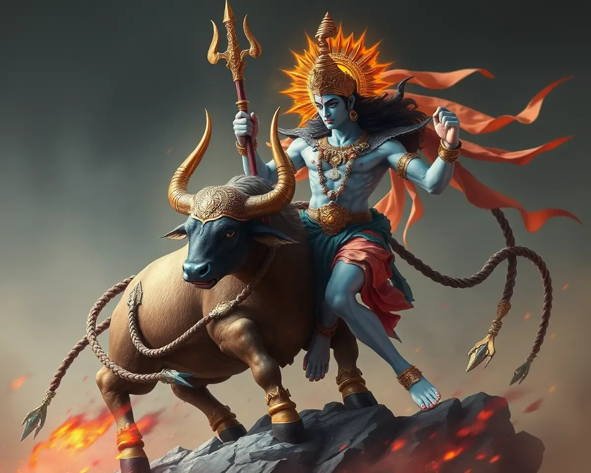 Mahadev Battles Buffalo-Demon Mahishasura with Trident