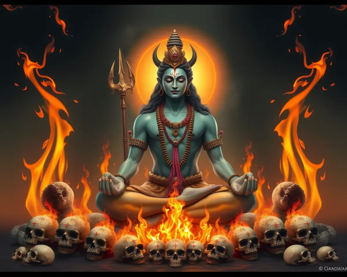 Mahadev Meditates Amidst Flames and Skulls