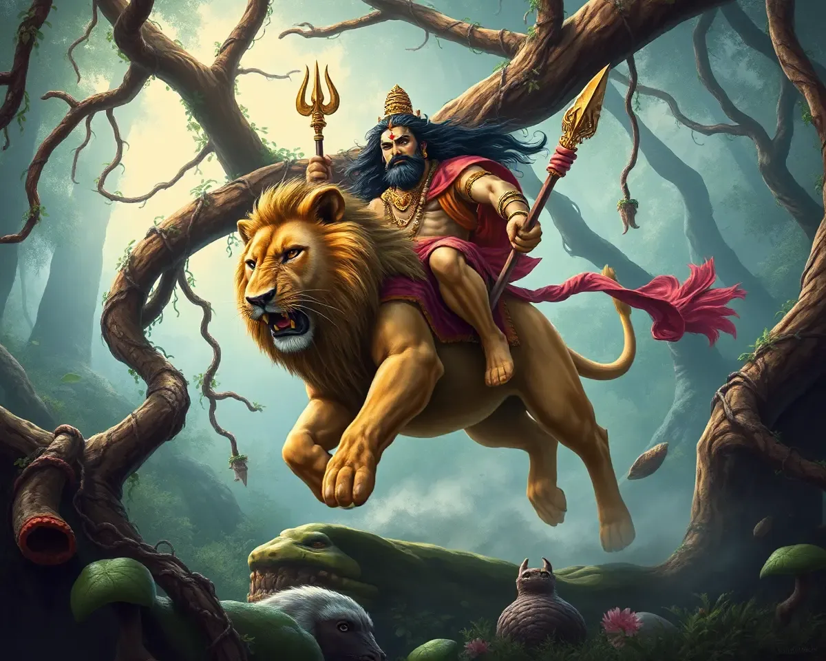 Mahadev Riding Lion Through Jungle Background