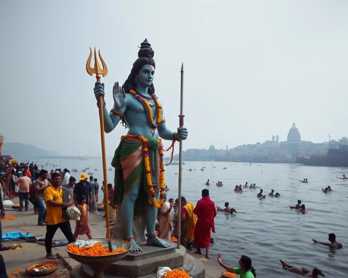 Mahadev Standing by Ganges River with Devotees