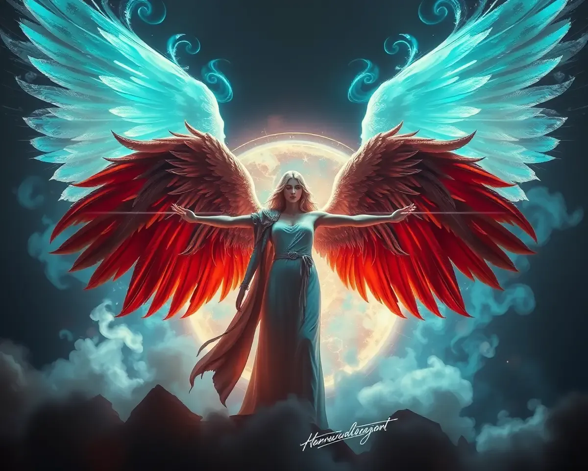 Majestic Angel at Ethereal Portal with Swirling Mist