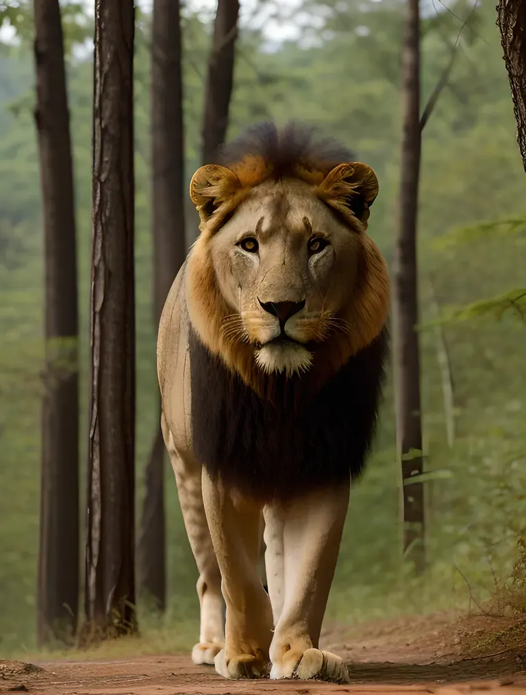 Majestic Asiatic Lion in Dense Forest Glory