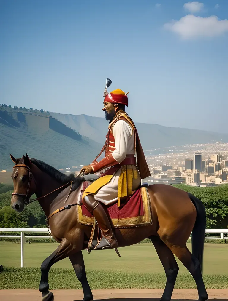 Majestic Bajirao Peshwa Rides Horse with Cityscape Background