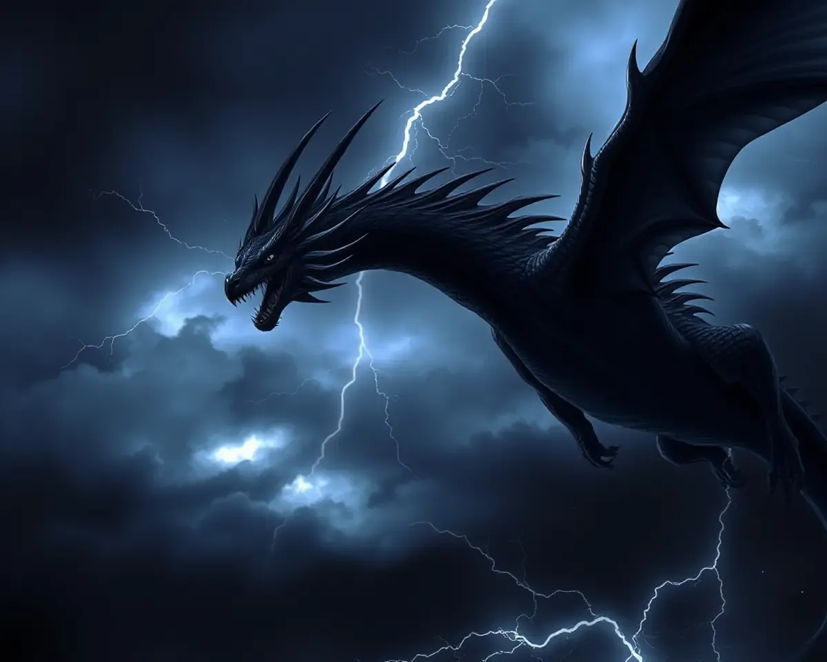 Majestic Black Dragon Soars Through Dark Stormy Sky with Lightning