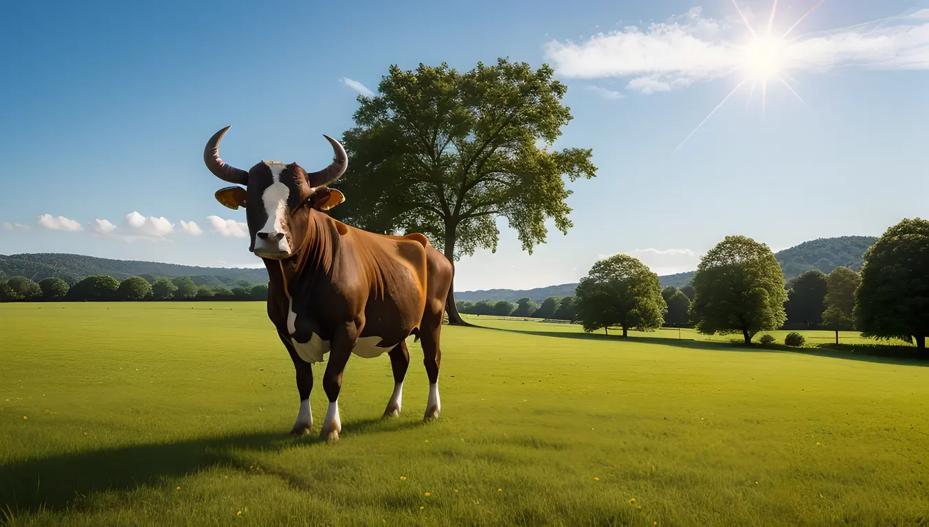 Majestic Brahma Bull in Lush Green Meadow with Spiritual Aura