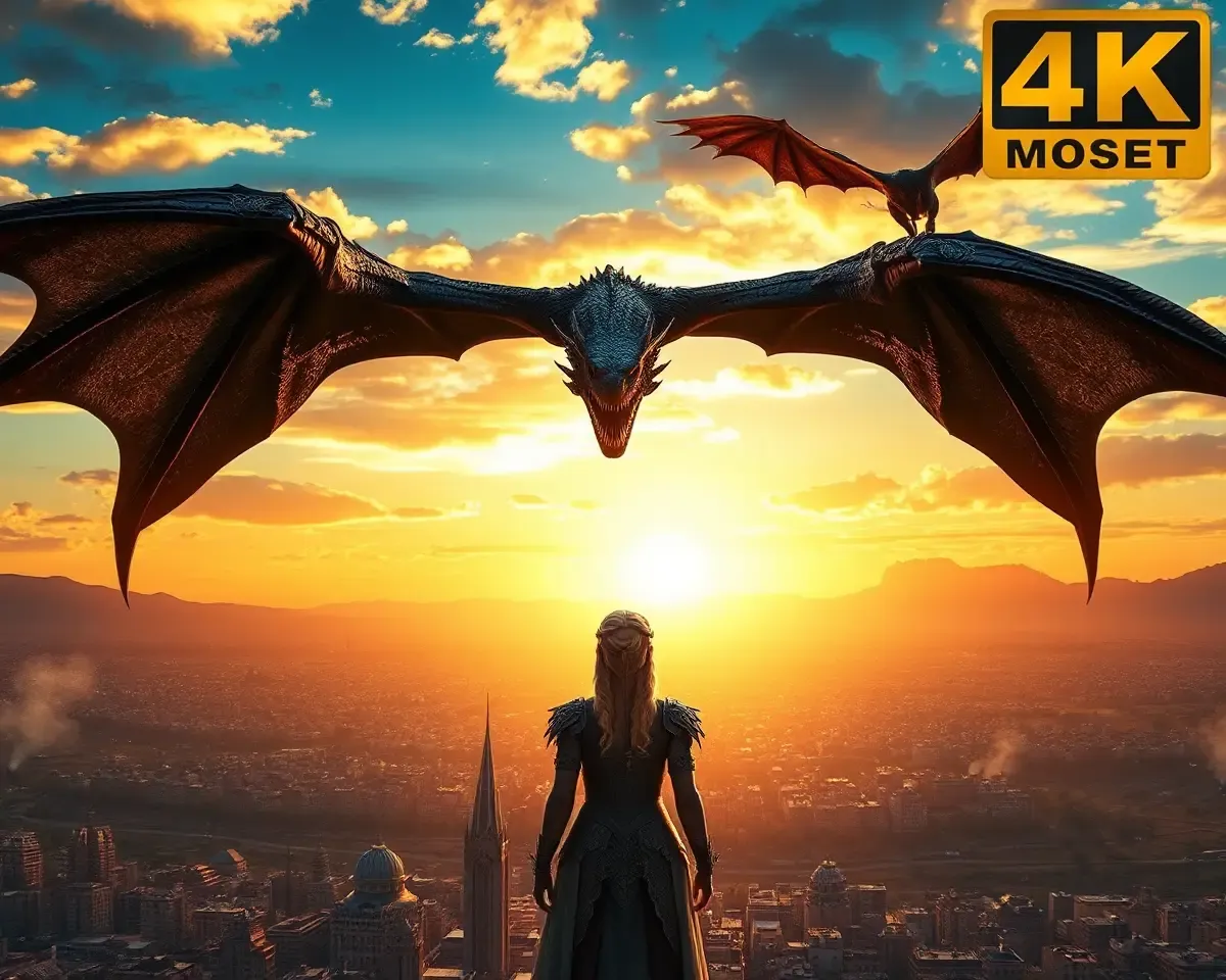 Majestic Daenerys Targaryen with Dragon Against Sunset Backdrop.