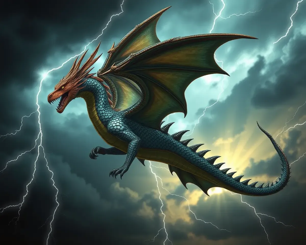 Majestic Dragon Soars Through Stormy Sky with Lightning Illumination