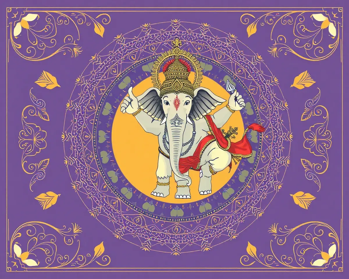Majestic Elephant at Center of Seva Nivrutti Card Represents Wisdom