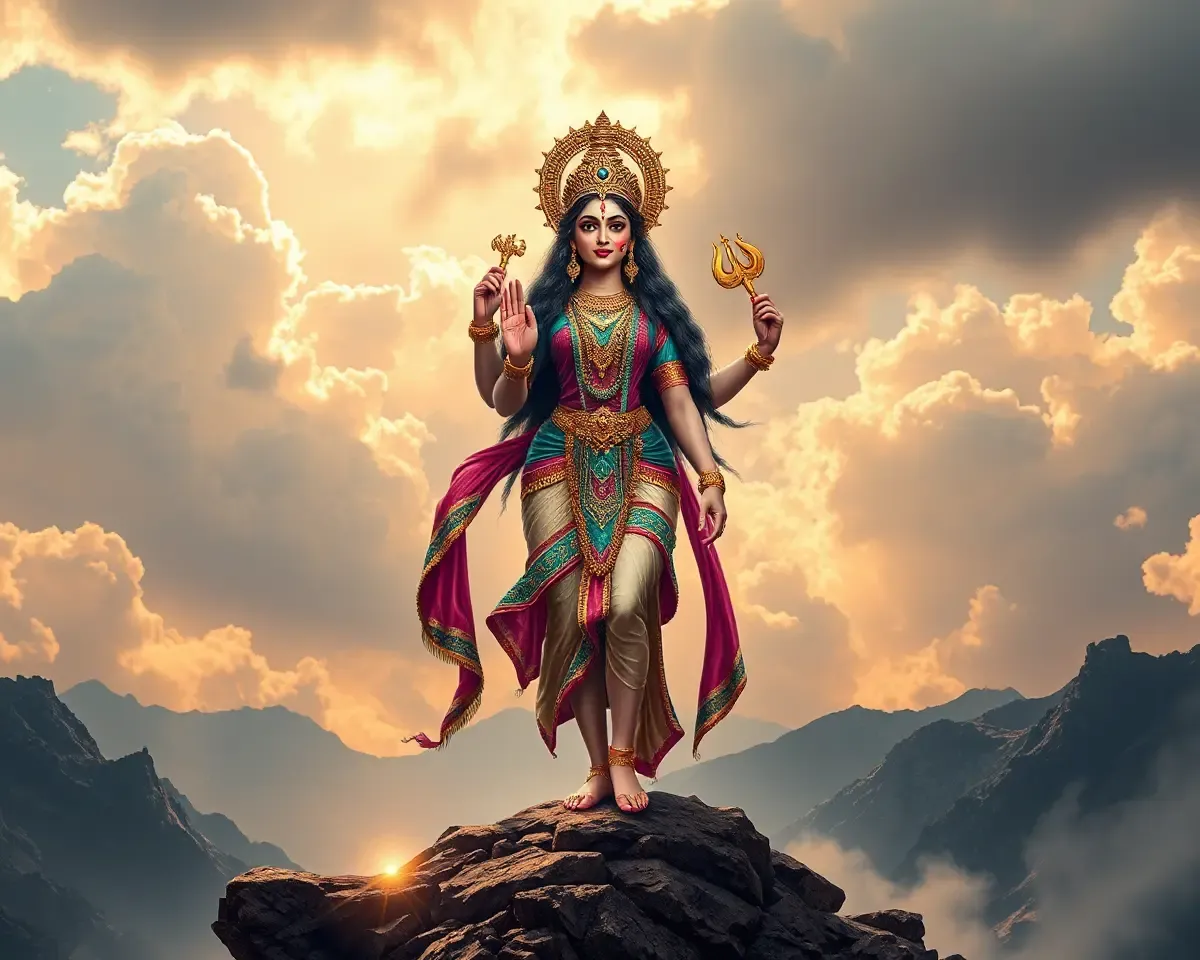 Majestic Goddess Lakshmi on Mountaintop Wallpaper