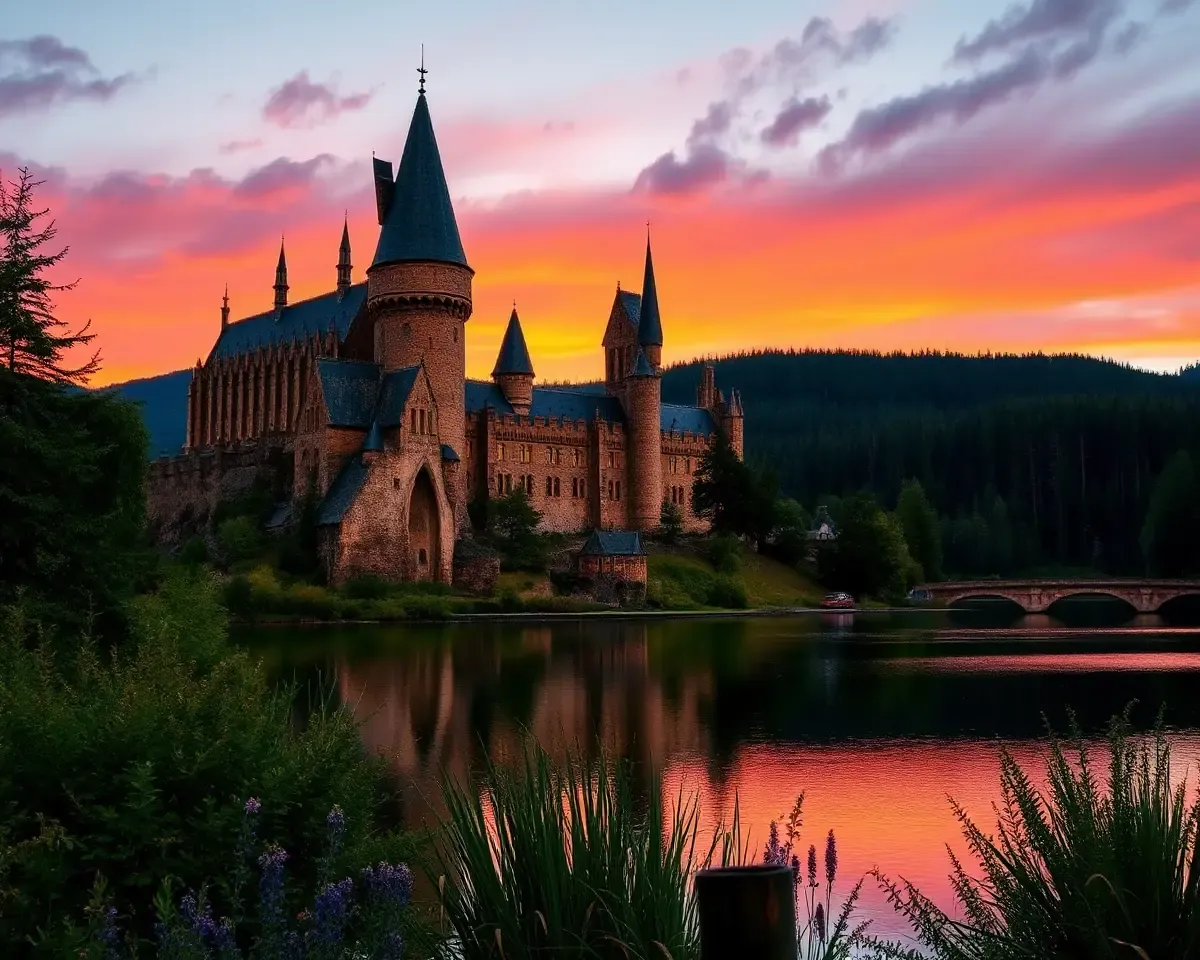 Majestic Hogwarts Castle Sunset 4K Wallpaper Background