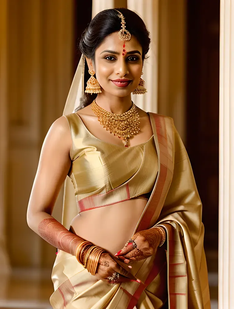 Majestic Indian Bride in Regal Gold and Cream Saree