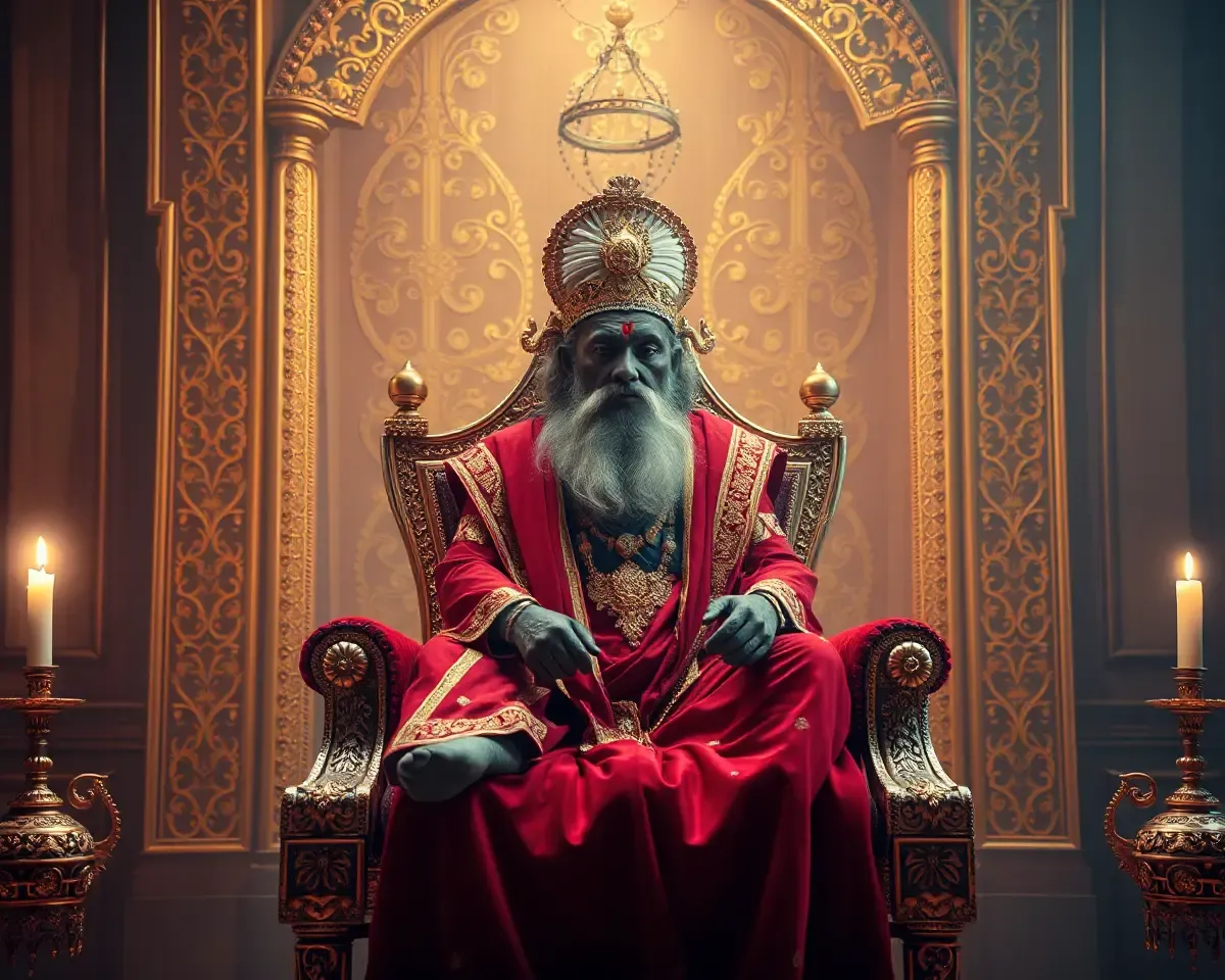 Majestic Kammal Sits on Velvet Throne with Golden Filigree
