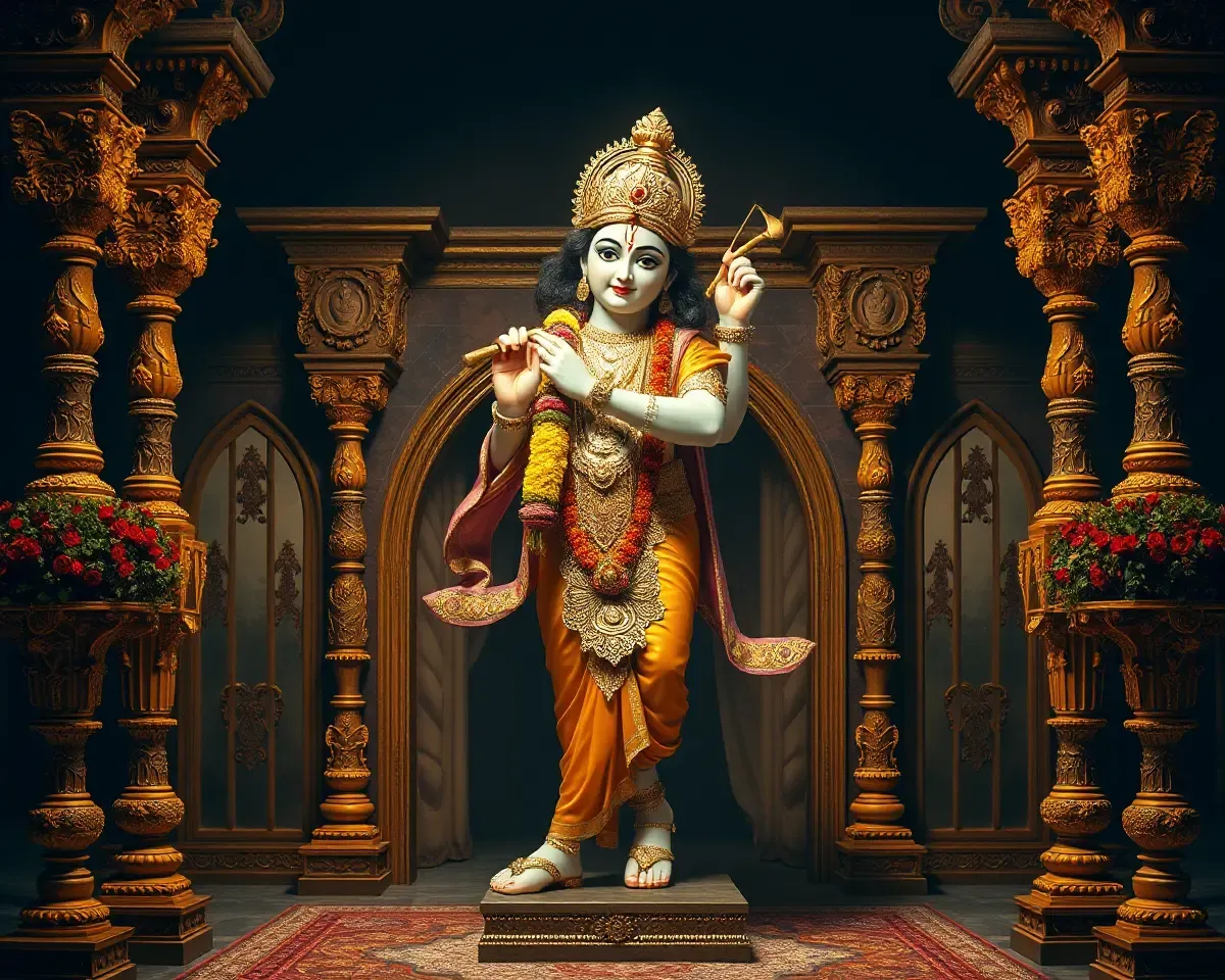 Majestic Krishna in Golden Regal Dress with Ornate Setting