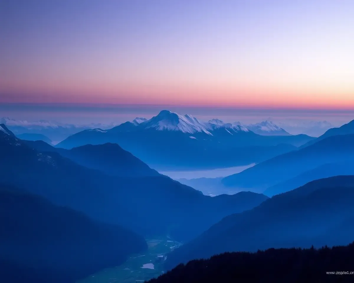 Majestic Mountain Range at Dawn with Blue Purple Hues Wallpaper
