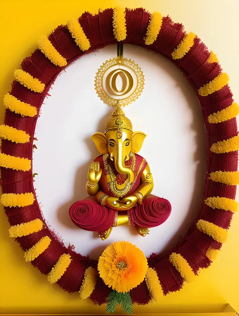 Majestic Paper Quilled Ganesha with Marigold Wreath and Om Symbol