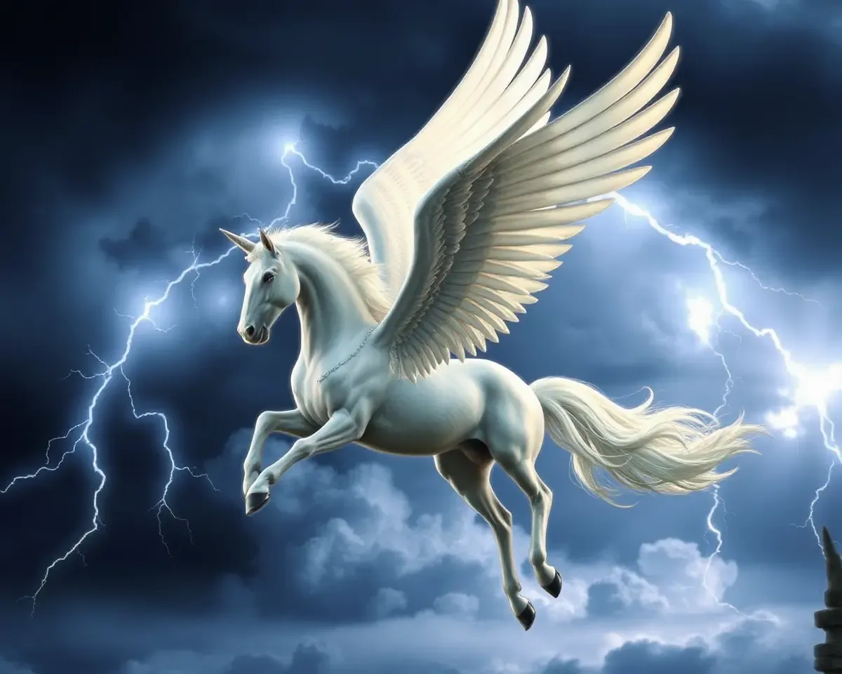 Majestic Pegasus Soars Through Stormy Sky with Lightning Wings