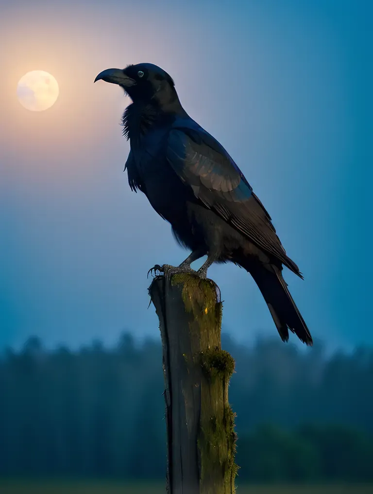 Majestic Raven Bird Perched on Dead Tree Branch at Night