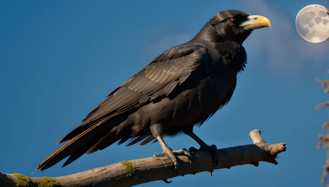 Majestic Raven Perched on Gnarled Tree Branch at Night
