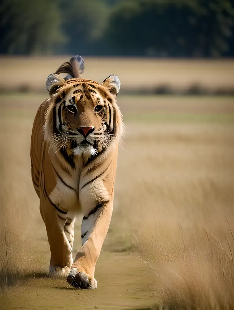 Majestic Tigon Runs Through Field of Tall Grass with Flowing Mane