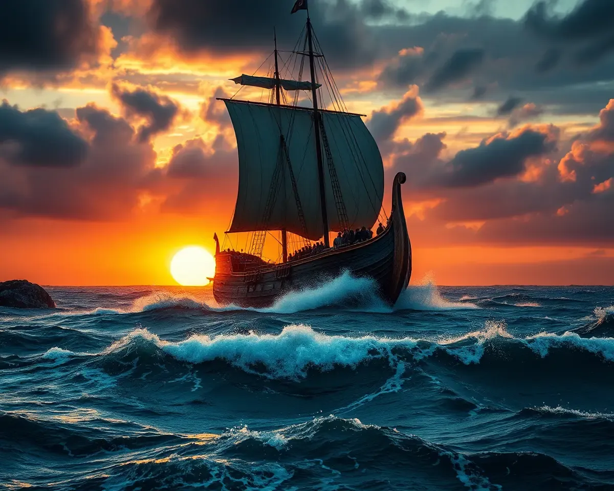 Majestic Viking Longship Battles Stormy 4K Seascape at Sunset