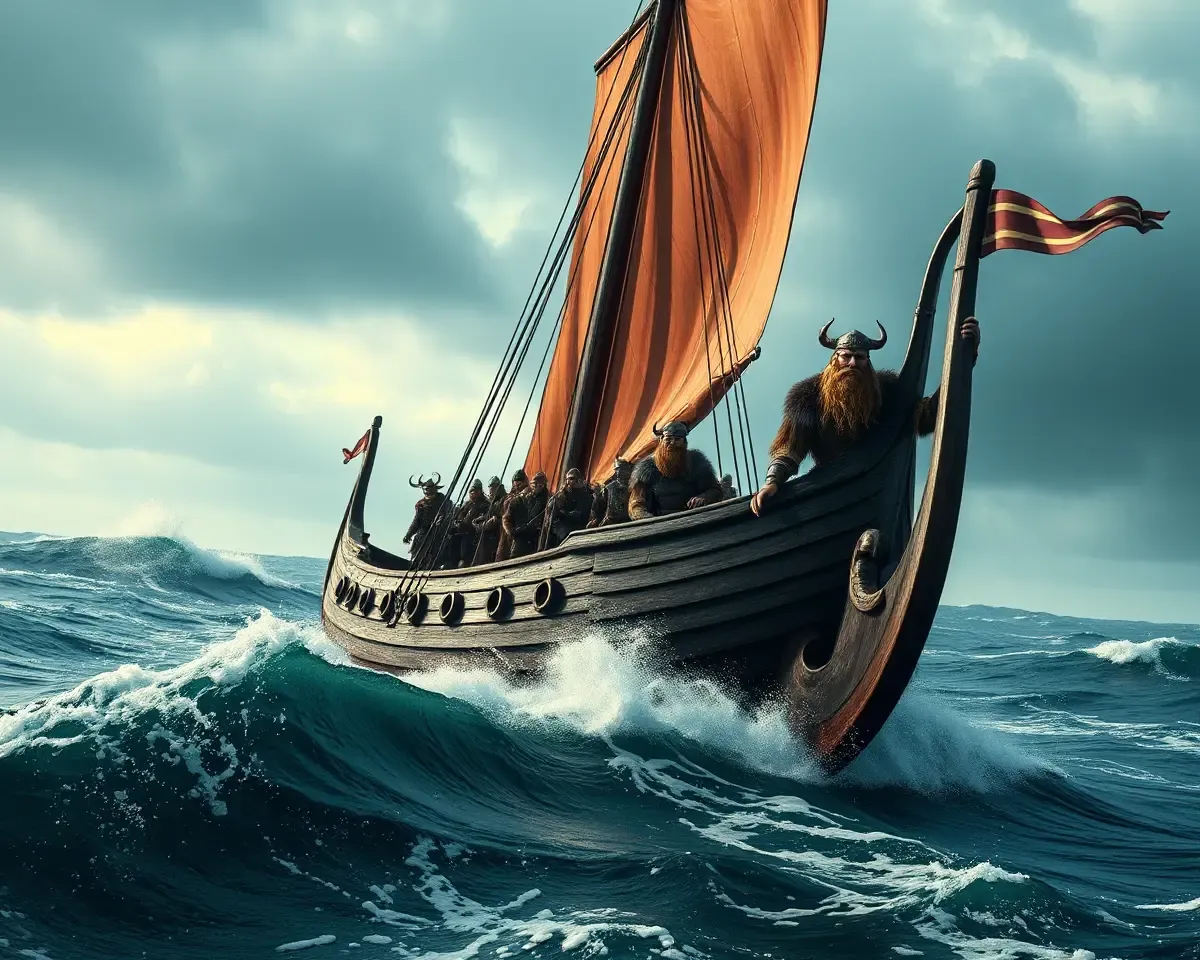 Majestic Viking Longship Sailing Through Stormy Sea 4K Wallpaper