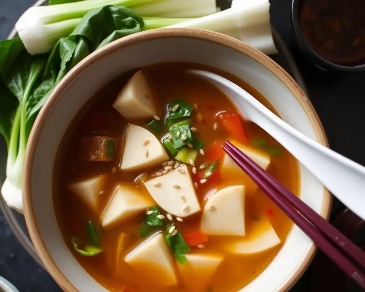 Manchow Soup with Bok Choy and Sesame Seeds