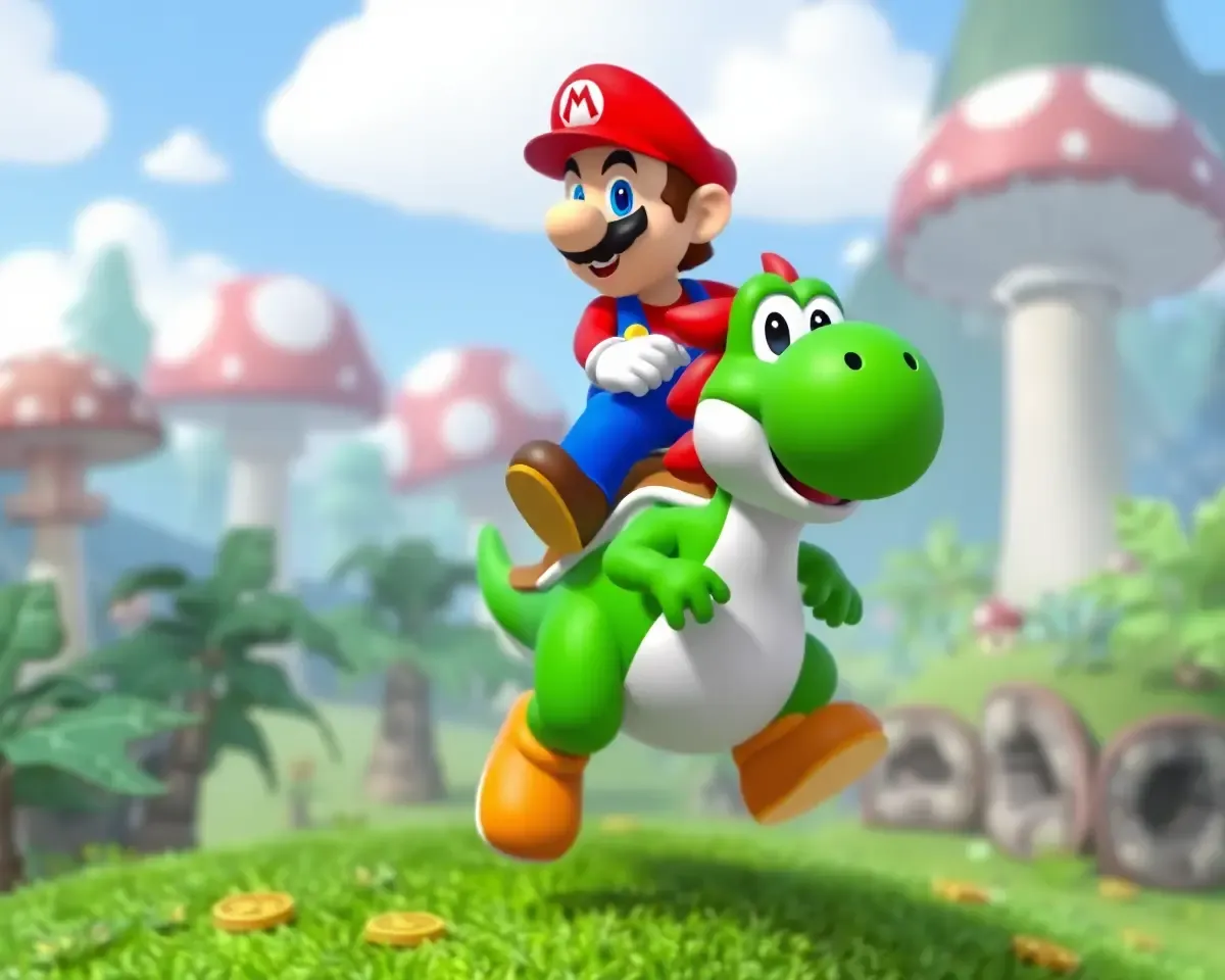 Mario Rides Yoshi through Mushroom Forest with Coins Scattered