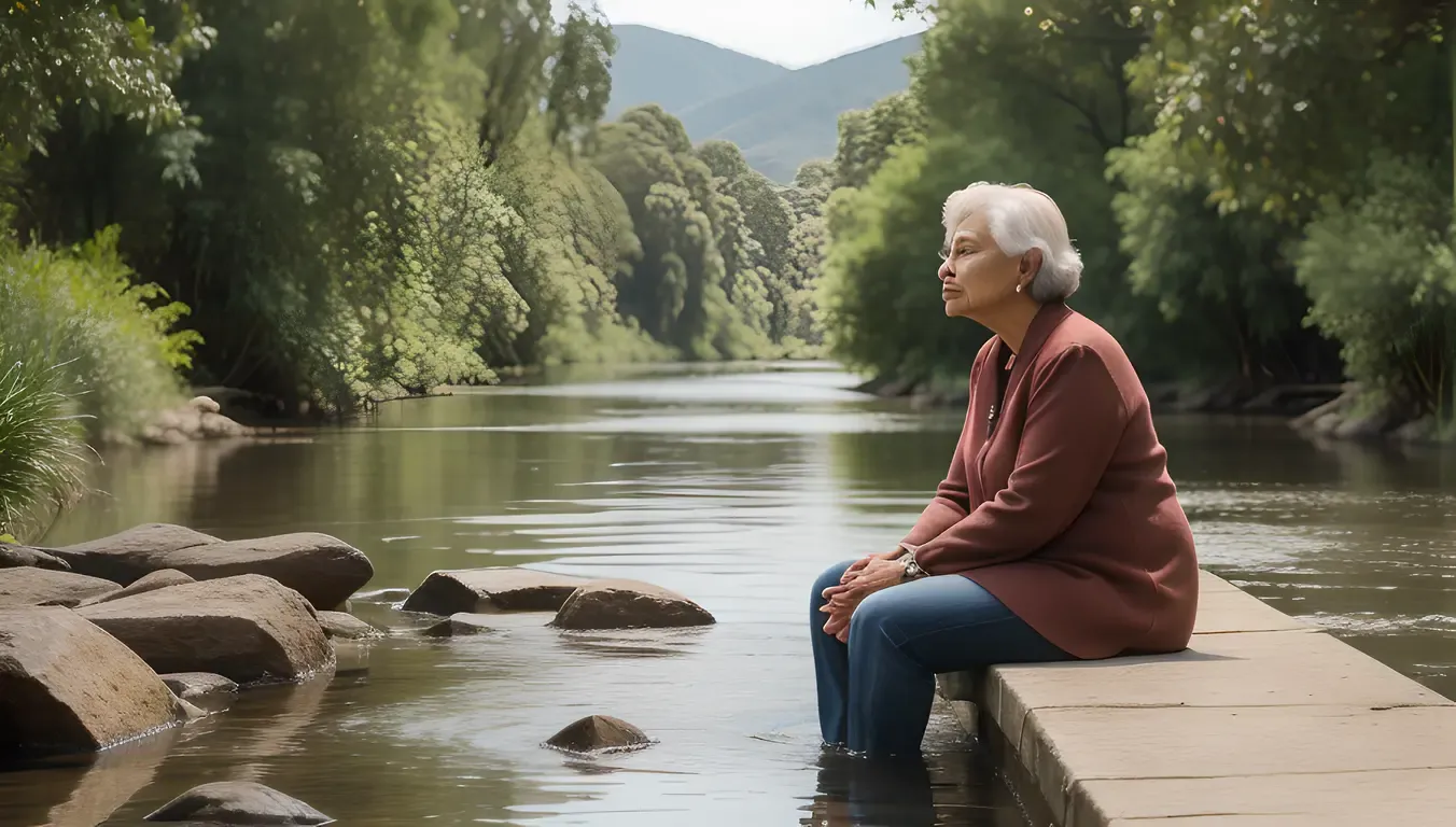 Mature Aunty's Contemplative Moment by the River
