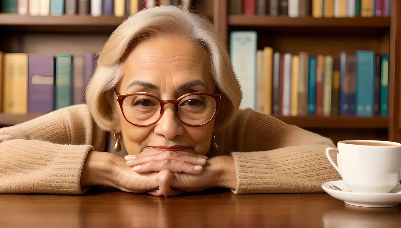 Mature Aunty's Quiet Moment with Books and Tea