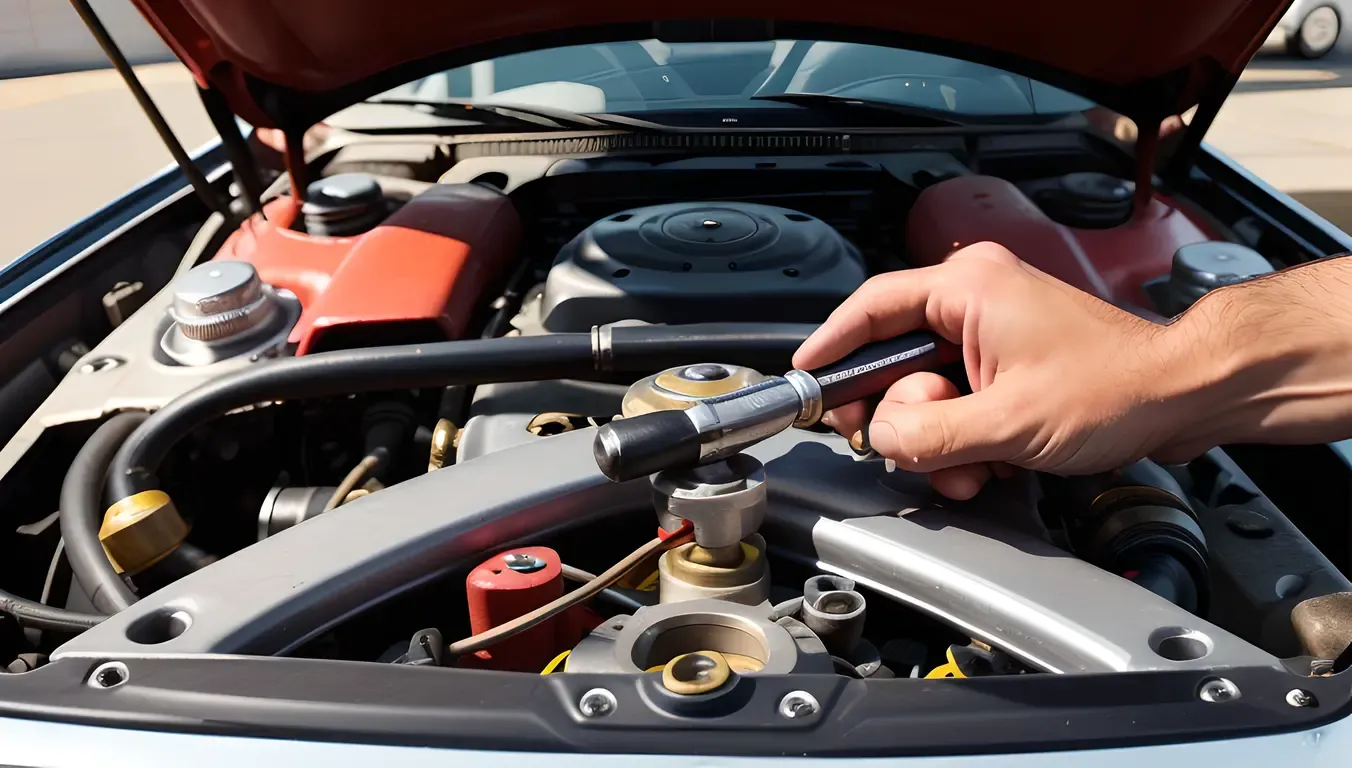 Mechanic's Hand with Undressing Tool Amidst Car Engine Chaos
