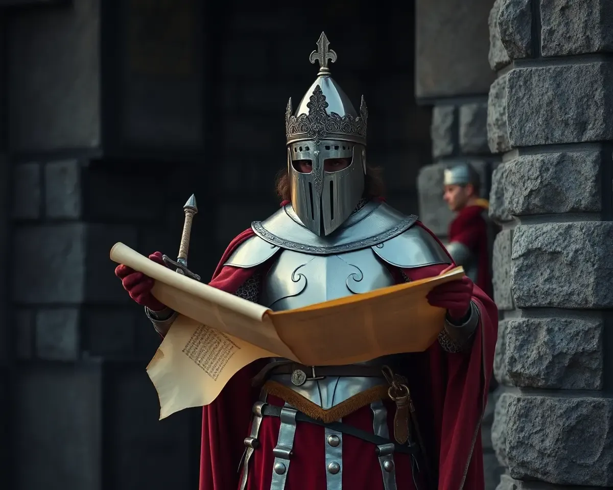 Medieval King Edits Scroll with Sword in Hand