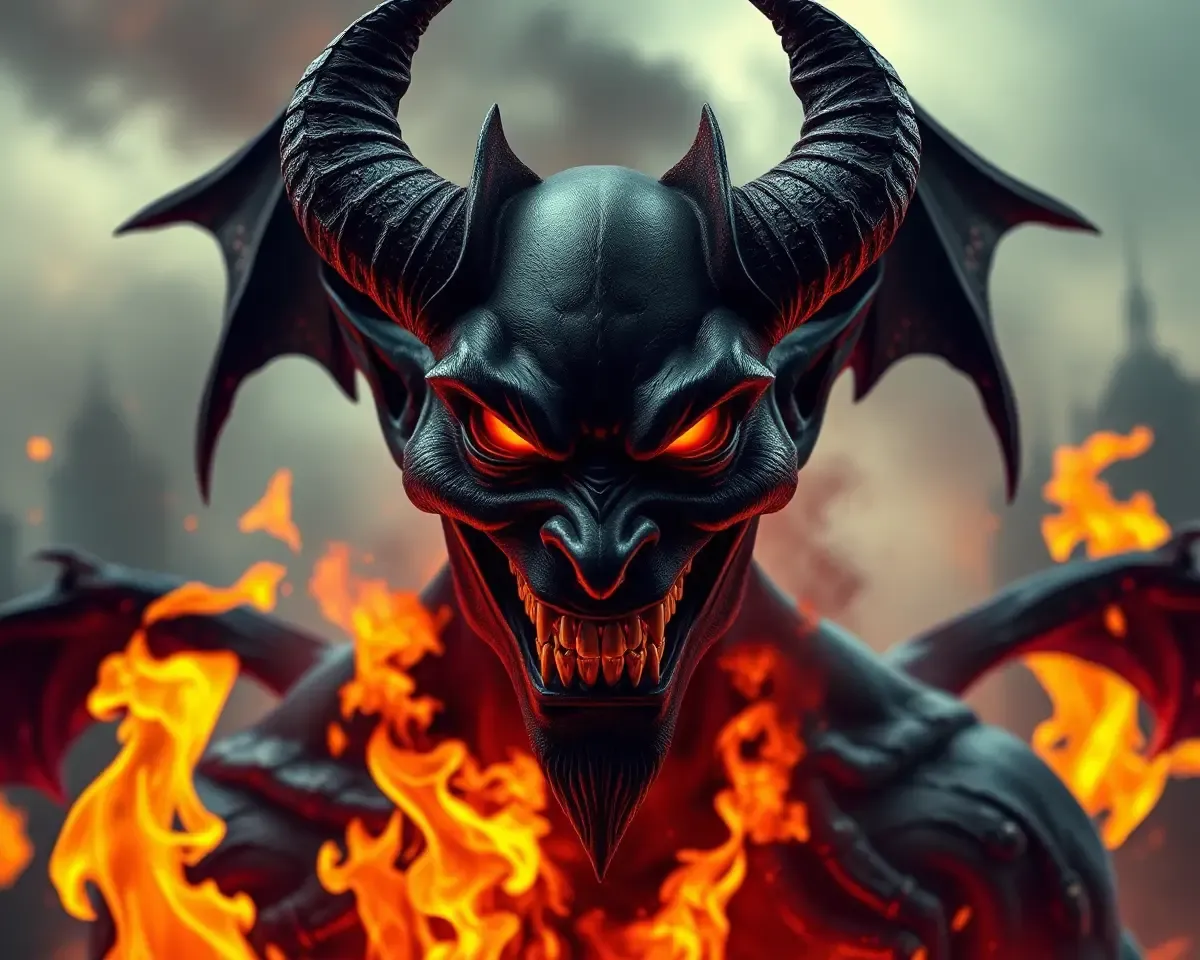 Menacing Black Devil in Fiery Apocalyptic Background Wallpaper