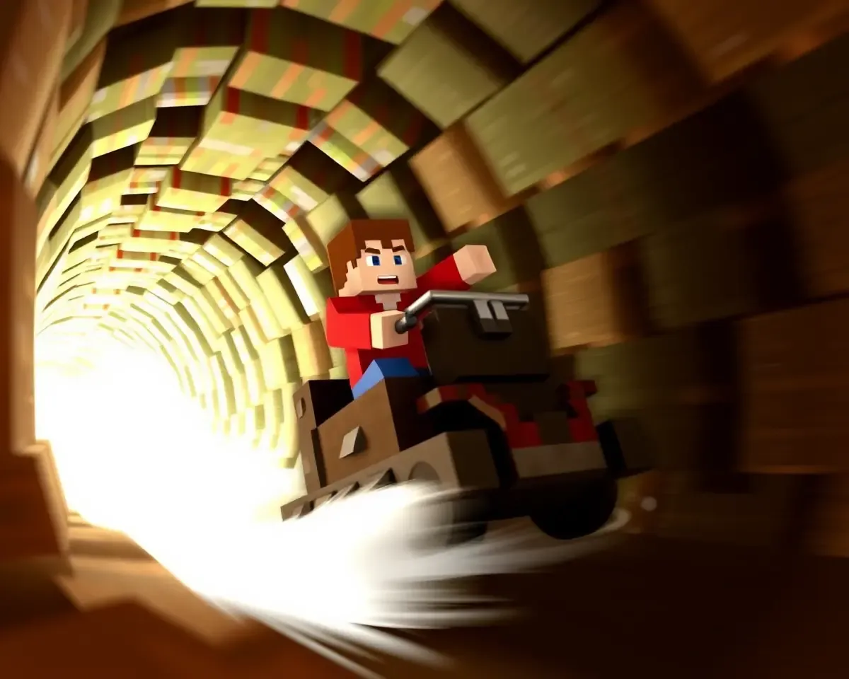 Minecraft Steve Rides Minecart Through Glowstone Tunnel