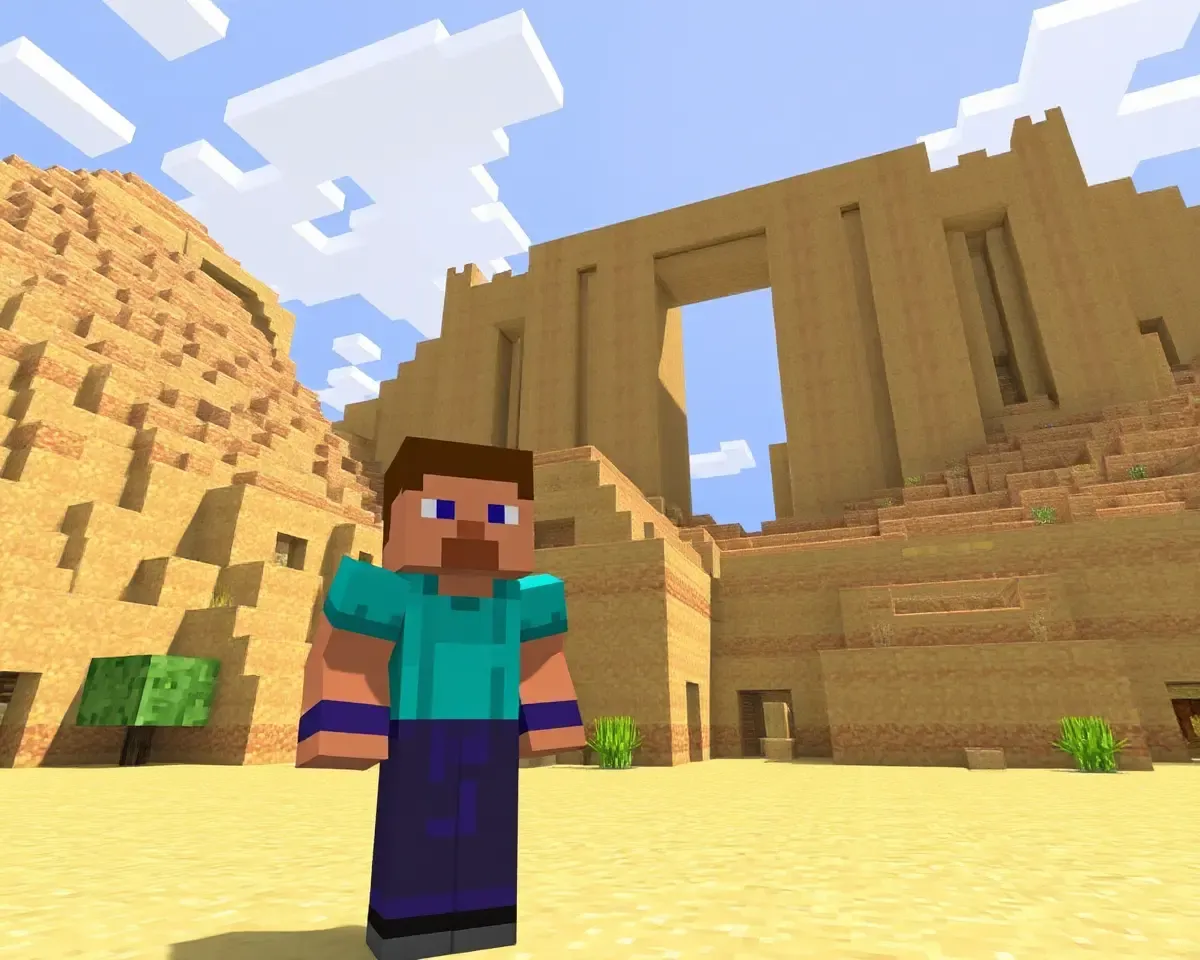 Minecraft Steve in Desert Biome with Giant Sandstone Structure