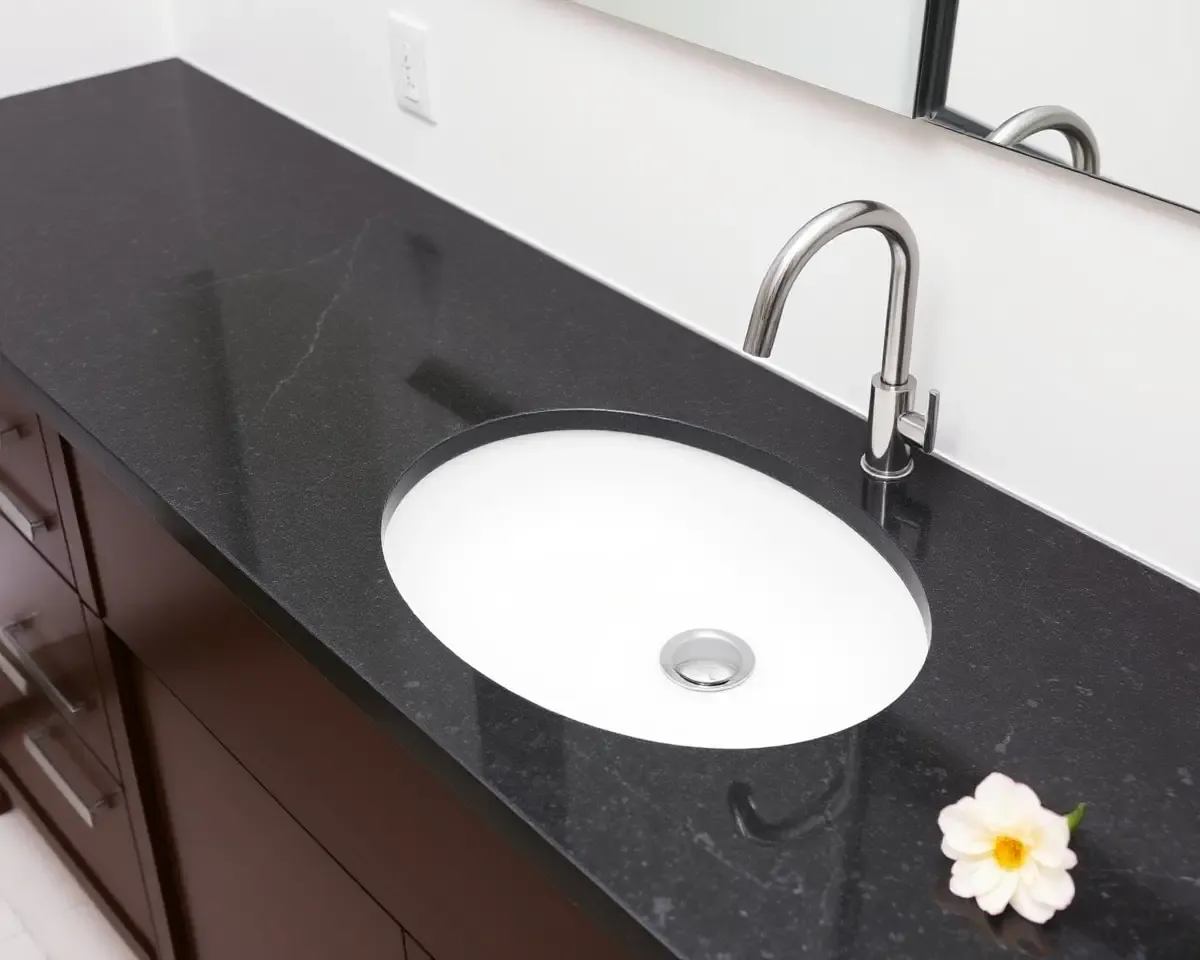 Minimalist Bathroom with Black Galaxy Granite Sink and Countertop